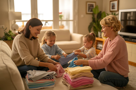 happy family with kids choosing clothes at home in the living-roomの写真素材
