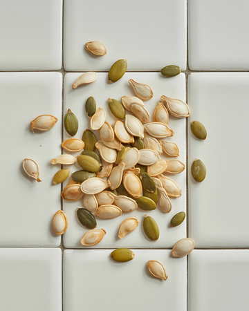 Pumpkin seeds and pumpkin seeds on a white tile background.の写真素材