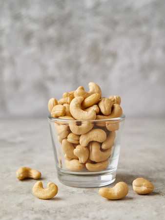 Roasted cashew nuts in a glass bowl on a light background.の写真素材