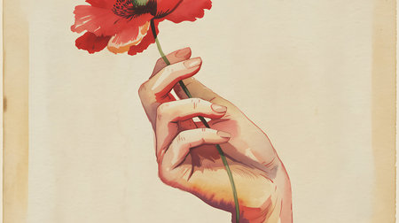 Woman hand holding red poppy flower on white background. Toned.の写真素材