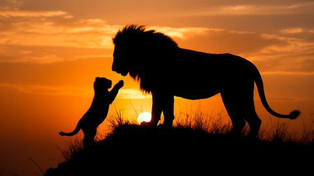 Heartwarming silhouette of a lion and its cub playing together on a hill at sunset, showcasing a tender moment in the wild with a stunning orange sky background.の写真素材
