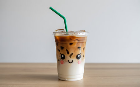 A clear plastic cup of iced coffee with a cartoon face and green straw sits on a light-colored wooden table against a plain white background, perfect for cafe or food-related themes.の写真素材