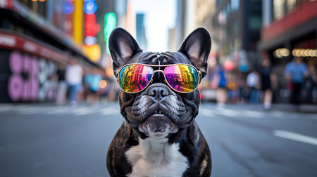 A black and white French Bulldog wearing colorful reflective sunglasses stands in the middle of a bustling city street, surrounded by blurred buildings and pedestrians.の写真素材