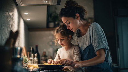 A mother and her young daughter cooking together in a modern kitchen, preparing a meal with a warm and cozy atmosphere, showcasing a tender family moment.の写真素材