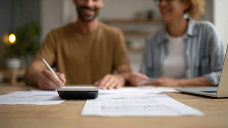 A smiling man and woman sit at a wooden desk, engaged in financial planning with a calculator, papers, and laptop, conveying a sense of teamwork and organization.の写真素材