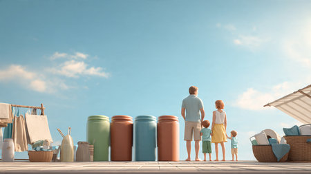A family of four stands together on a patio, looking out at a bright blue sky with fluffy clouds, surrounded by laundry, colorful trash cans, and outdoor furniture.の写真素材