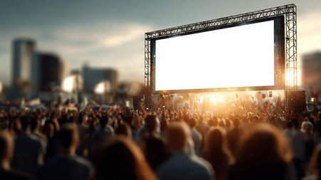 A large crowd gathers at an outdoor event with a prominent blank screen in the foreground, set against a blurred cityscape and sunset sky, evoking a sense of anticipation and excitement.の写真素材