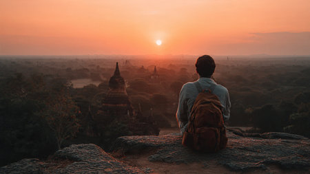 A lone traveler with a backpack sits on a rocky outcrop, taking in the breathtaking view of ancient temple ruins at sunset in Bagan, Myanmar, with a serene and peaceful atmosphere.の写真素材