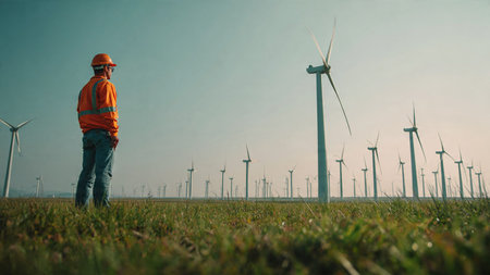 A worker in orange safety gear stands amidst a vast field of wind turbines, inspecting or overseeing the renewable energy infrastructure on a clear day.の写真素材