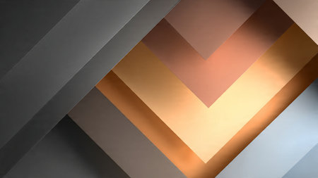 A modern abstract art piece featuring layered 3D geometric shapes in shades of gray, gold, and orange, creating a sense of depth and dimensionality with a warm glow.の写真素材
