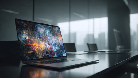 A laptop with a vibrant, multicolored screen sits on a polished table in a contemporary office space with a blurred cityscape visible through large windows.の写真素材