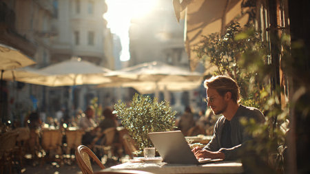 A man sits at an outdoor cafe, working on his laptop while enjoying the sunny atmosphere, surrounded by lush greenery and blurred cityscape in the background.の写真素材
