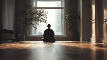 A man sits cross-legged on the floor in meditation, facing a large window with sheer curtains, surrounded by plants and soft natural light in a serene indoor setting.の写真素材