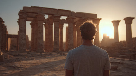 A man stands before ancient Greek ruins, gazing out at the setting sun casting warm light on the columns and structures, evoking a sense of history and contemplation.の写真素材