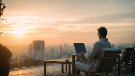 A man sits on a rooftop patio, working on his laptop as the sun sets over the city, creating a serene and peaceful atmosphere.の写真素材