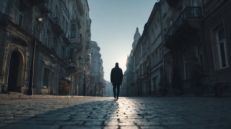 A solitary person walks down a dimly lit, cobblestone street lined with historic buildings, bathed in the soft light of dawn, evoking a sense of solitude and contemplation.の写真素材