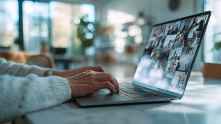 A person in a cozy home office setting engages in a video conference call on their laptop, with multiple participants visible on the screen, conveying remote work and virtual communication.の写真素材