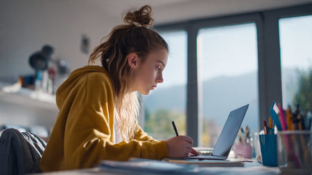 A focused young woman in a yellow hoodie studies intently with a laptop and notebook by a large window, surrounded by colorful pens and a scenic outdoor view.の写真素材