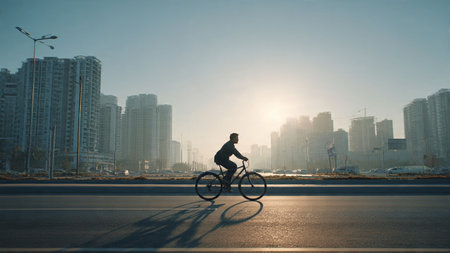 A lone cyclist rides on a city road with a stunning urban landscape and sunset in the background, casting a long shadow on the asphalt.の写真素材