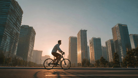 A lone cyclist rides through a city street at sunset, surrounded by modern skyscrapers and a serene atmosphere, capturing a moment of urban tranquility and freedom.の写真素材