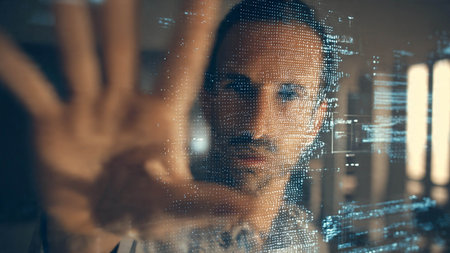 A man with a serious expression interacts with a futuristic digital interface, his hand pressed against the screen as code and data flow around him.の写真素材