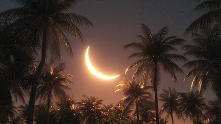A tranquil nighttime scene featuring a glowing crescent moon above a lush canopy of silhouetted palm trees, set against a warm, starry sky with a soft, gradient hue.の写真素材