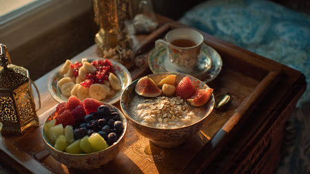 A beautifully arranged breakfast tray featuring a bowl of oatmeal with fruits, a fruit salad, and a cup of tea, set against a cozy morning backdrop.の写真素材