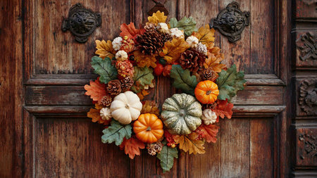 A vibrant autumnal wreath adorned with pumpkins, colorful leaves, pinecones, and berries hangs on a rustic wooden door, evoking a sense of seasonal warmth and welcome.の写真素材