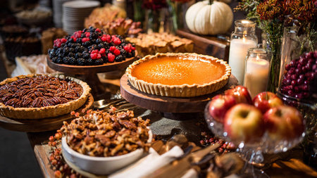 A warm and inviting Thanksgiving table setting featuring an assortment of pies, fresh fruits, nuts, and decorative elements, perfect for the holiday season.の素材