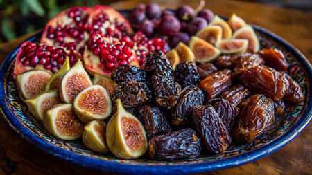 A colorful arrangement of fresh and dried fruits, including pomegranate, figs, dates, and grapes, artfully displayed on a decorative blue plate with intricate designs, set against a warm wooden table background.の写真素材