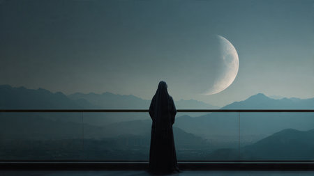 Silhouette of muslim woman looking at the moon and mountainsの写真素材