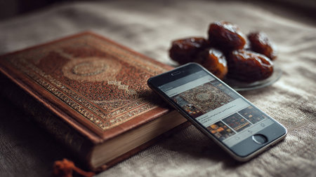 A smartphone displaying a Quranic page lies on a fabric surface next to a leather-bound Quran and a plate of dates, blending traditional and modern elements.の写真素材