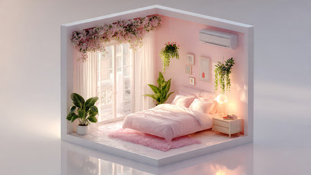 Interior of a pink bedroom with a double bed, a window and plants.の写真素材