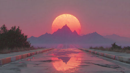 Sunset in the desert with mountains reflected in the water of the roadの写真素材
