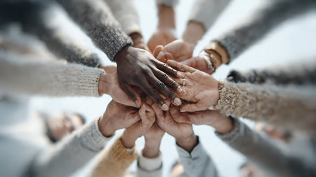 Group of diverse people putting their hands together in a circle, top viewの写真素材