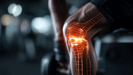 Digital composite of highlighted knee of man in gym. 3d renderingの写真素材