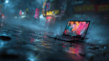 Laptop on the background of the night city.の写真素材