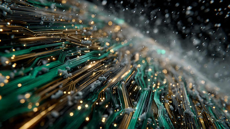 3d illustration of abstract technology background with fiber optic and computer circuit boardの写真素材