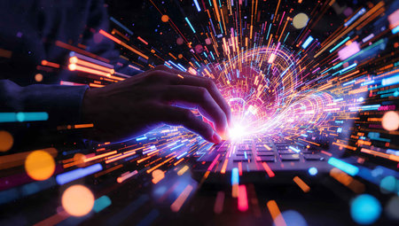 Close up of hands using laptop with glowing heart hologram. Love concept. Double exposureの写真素材