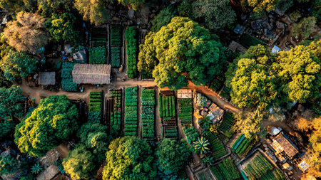 Aerial view of a small village in the middle of the jungleの写真素材