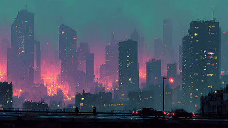 Cityscape with skyscrapers in fog at night. Vector illustration.の写真素材