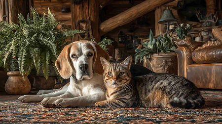 Cat and dog lying together on the floor in the living room.の写真素材
