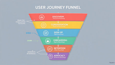 User journey funnel chart infographics with 5 steps, parts or processes.の写真素材