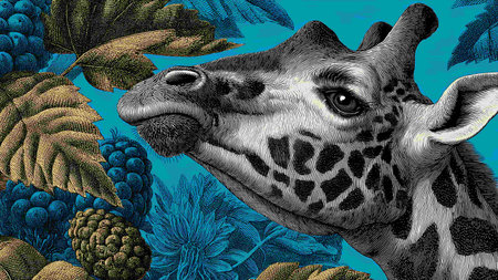 Vintage engraving of a giraffe with leaves on a blue backgroundの写真素材