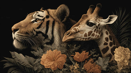 Giraffe and tiger with flowers on a black background. Toned.の写真素材