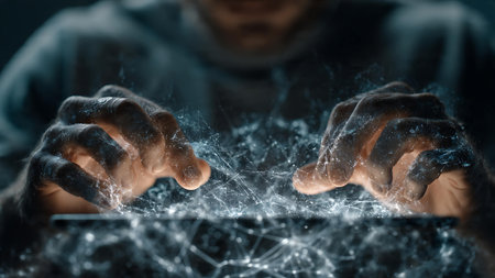 Hacker using tablet computer to hack security system, cyber security conceptの写真素材