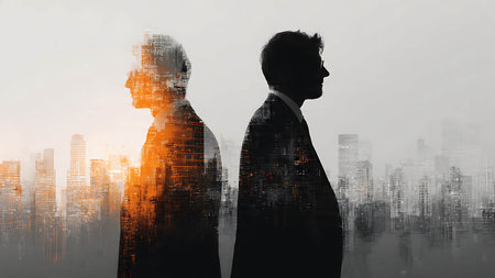 Silhouette of two business people on abstract city background. Double exposureの写真素材