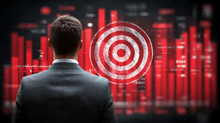 Rear view of businessman looking at virtual panel with red graphs on itの写真素材