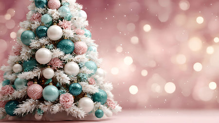 Christmas tree on pink background with bokeh lights and snowflakesの写真素材