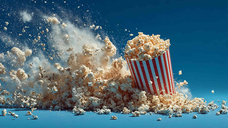 Popcorn explosion in the blue sky. 3d render illustration.の写真素材
